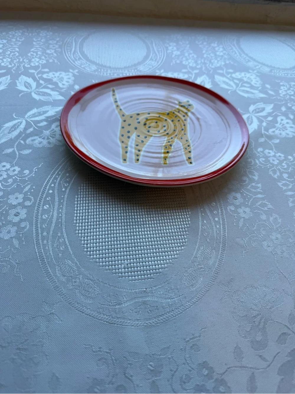 Anthropologie Marcello Velho Folksong Dessert Plate Cat Motif Pink/Orange Folk